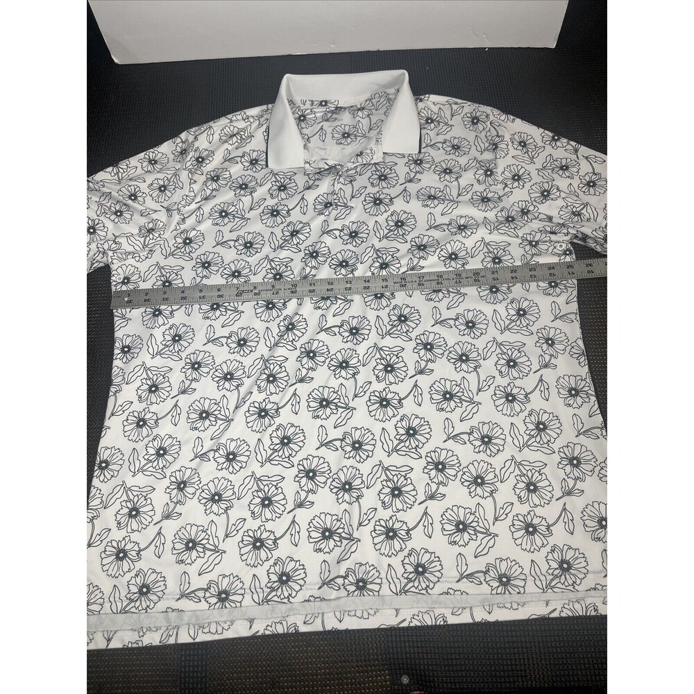 Mens XXL Slim Fit Floral Print Short Sleeve Polo Shirt White Black - Picture 4 of 7
